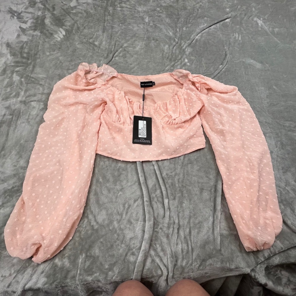 PrettyLittleThing Pink Dobby Mesh Cup Detail Puff Sleeve Crop Top NWT US 6